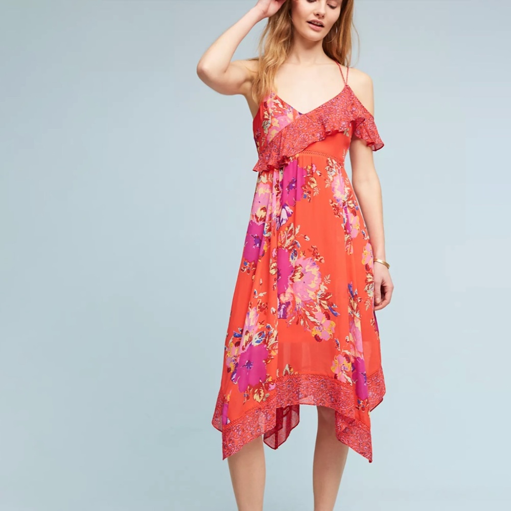 Anthropologie Ruffle Dress Red Floral Handkerchief Hem Dress size 8